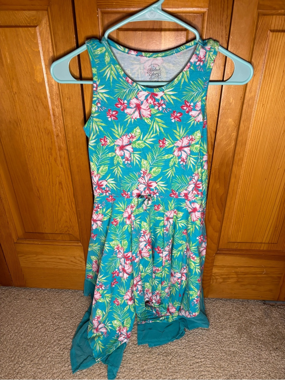 Faded Glory Teal Floral Tank Dress with Pink & White Blooms